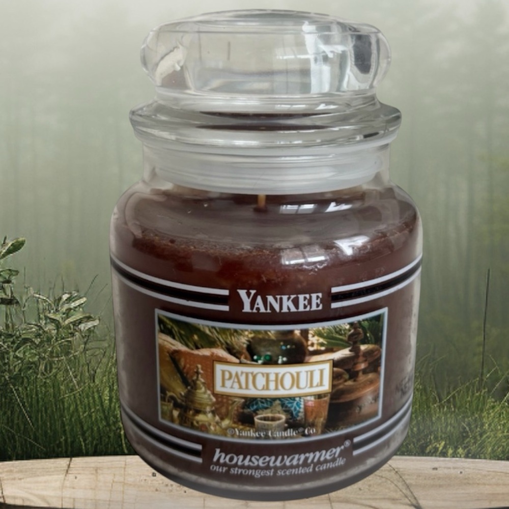 Yankee Candle Jar Patchouli Vintage Black Band Earthy Brown Gray Green 14.5 Oz